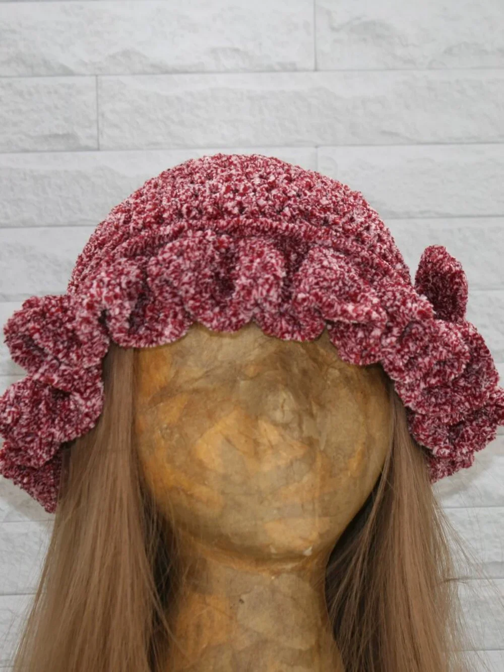 HAND CRAFTED Hat Crochet Bucket Chenille Winter Full Ruffle Red Burgundy Marled